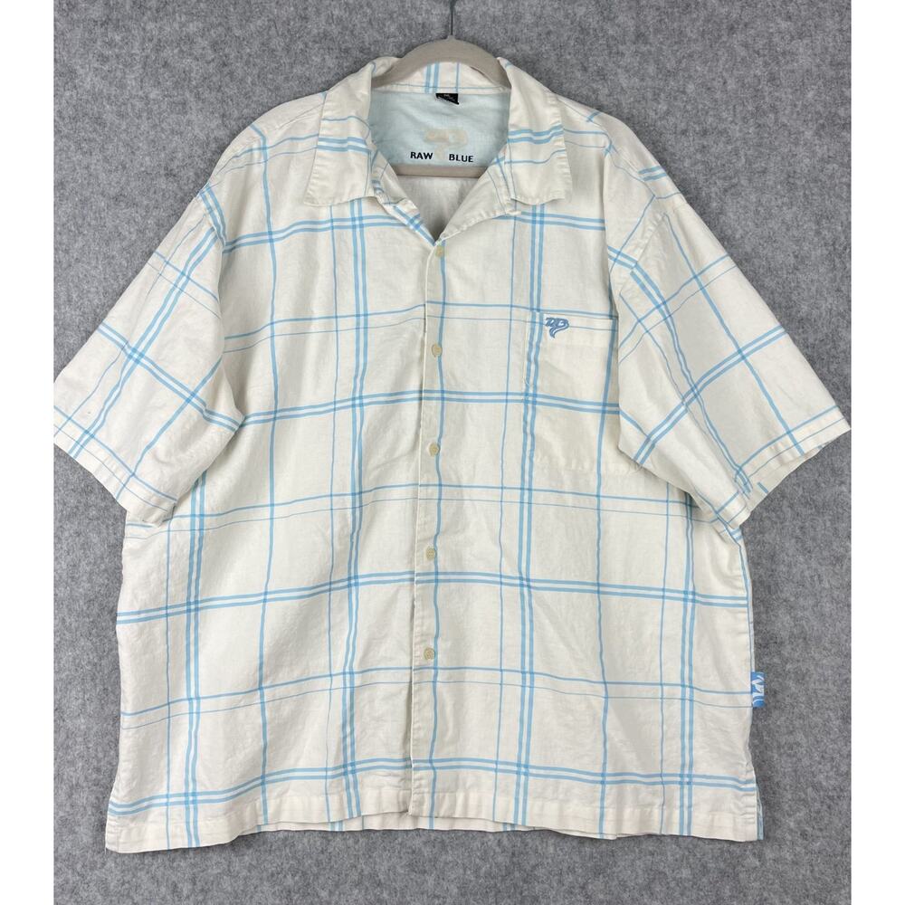 Raw Blue Shirt Mens‎ 3XL White Whindowpane Linen Blend Button Up Loop Collar